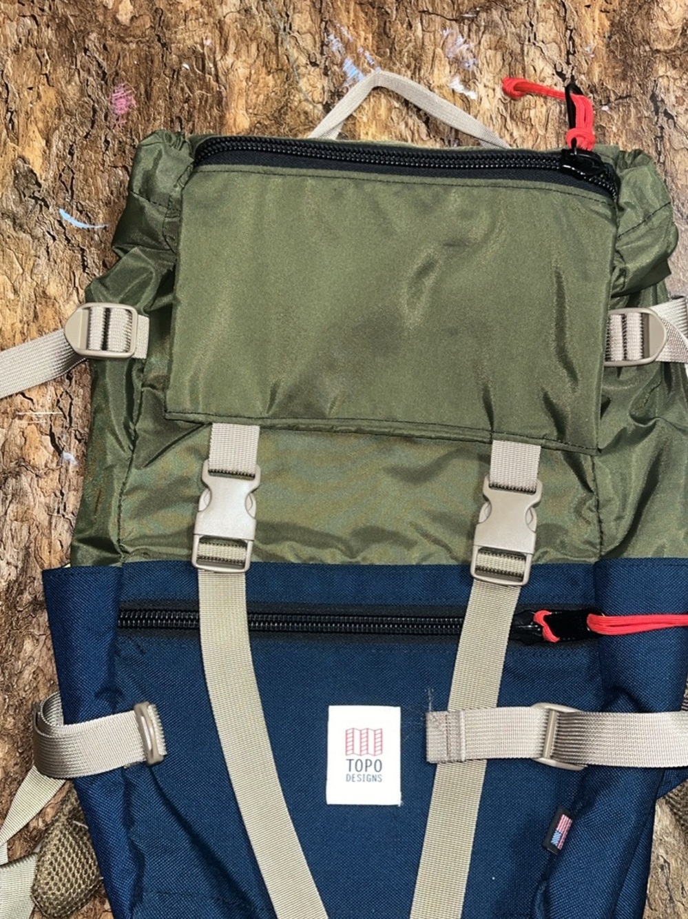 Topo Designs Olive & Navy Roll-Top Backpack with Tan Straps